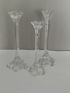 Set of 3 Clear Crystal Glass Floral Candlesticks Graduated Sizes