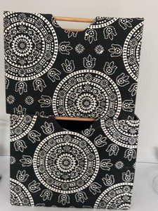 Set of 2 Black White Fabric Storage Bins with Bamboo Wood Handles