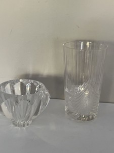 Vintage Crystal Cut Glass Vase and Orrefors Bowl Set Fan Swirl Faceted Decor