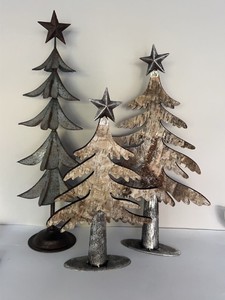 Set of 3 Rustic Metal Christmas Tree Tabletop Decorations with Stars