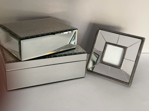 Mirrored Vanity Boxes & Small Picture Frame Decor Set Silver Tone