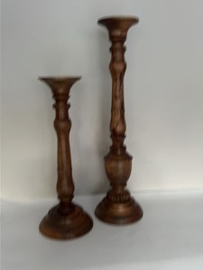 Set of 2 Turned Wood Pillar Candle Holders Brown Decorative Pair