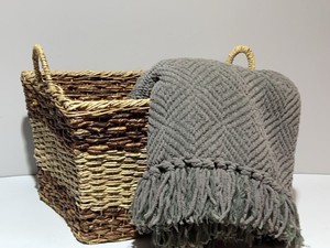 Woven Storage Basket with Gray Fringed Throw Blanket Decor Set