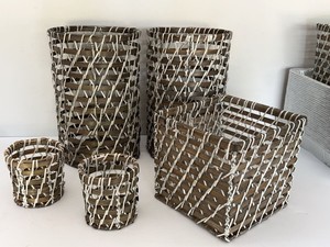Set of 5 Woven Wicker Storage Baskets Brown White Home Decor