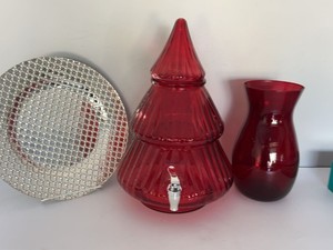 Holiday Decor Lot Ruby Glass Tree Dispenser Vase Silver Charger
