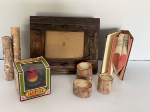 Rustic Cabin Home Decor Lot Wood Frame Candle Holders Book Art