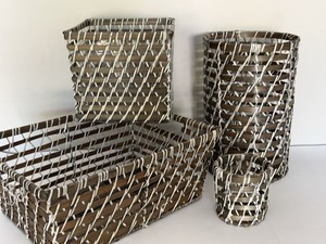 Set of 4 Woven Wicker Storage Baskets Brown White Decor Organizers