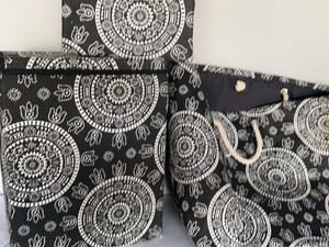 Black White Woven Tote Bag Rope Handles Medallion Print Beach Shopper