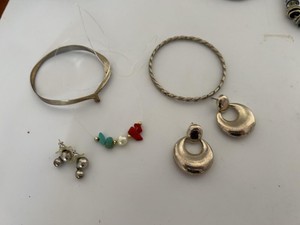 Mixed Silver Jewelry Lot one Marked Sterling- Real Turquoise & coral Bangles Drop Earrings Beaded Cord Necklace