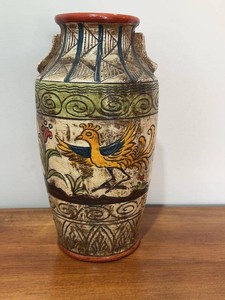 Vintage Made in Japan Pottery Bird Motif Hand Carved Texture 12 tall