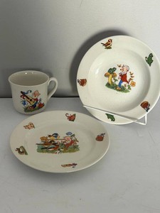 Vintage Upsala-Ekeby Gefle Sweden Childs 3-Piece Dish Set Gnome Animal Decor