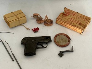 Rare 1920s Stevens 35-50 Repeating Cap Pistol w Original Box & Machine Gun Feed Parts