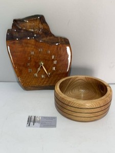 Handmade Turned Apple Wood Bowl & Live Edge Wall Clock Folk Art Decor Lot