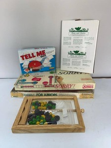 Vintage Board Game Lot Parker Brothers Sorry Scrabble Juniors Tell Me