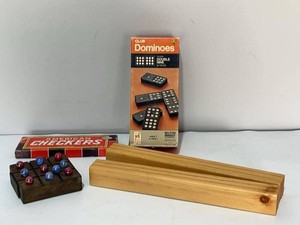 Vintage Game Lot Wood Dominoes Wooden Checkers Folk Style Tic-Tac-Toe & Wooden Card Holder Stands