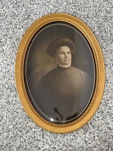 Antique Victorian Oval Framed Sepia Portrait Photograph Woman Gold Gilt Frame Convex Glass