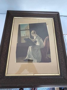 Vintage Framed Figural Art Print Woman Reading by Window Ornate Antique Frame