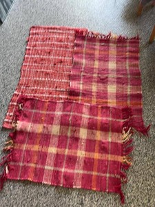 Set of 3 Handwoven Boho Accent  Rag Rugs Plaid Red Pink Fringe Home Decor