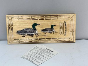 Wooden MINNESOTA Loon Cribbage Board Sliding Storage With Pegs & Rules Cards Cabin Decor