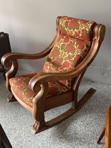 Antique Victorian High Backed Solid Wood Rocking Chair Carved Lions Feet Scroll Arms Funky Floral Upholstery