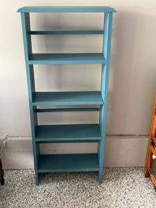 Blue Painted Narrow Bookcase Display Shelf 4 Tier Wood Storage Rack