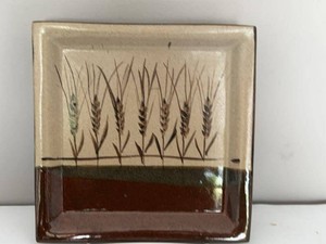 Vintage Retro Studio Pottery Wheat Motif Ceramic Square Platter Plate Artist Signed