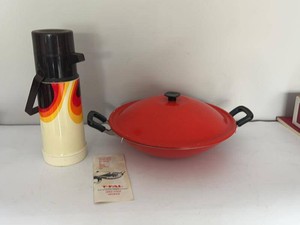 Vintage Retro Thermos Vacuum Bottle & Tfal Red Wok Pan Kitchen Lot