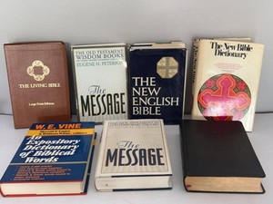 Vintage Lot of Bibles Including Bible Reference Book The Message Living Bible Nelson Dictionary