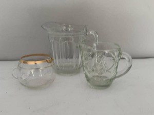 Lot of 3 Vintage Clear Glass Creamers Pitchers Gold Rim Pressed Glass