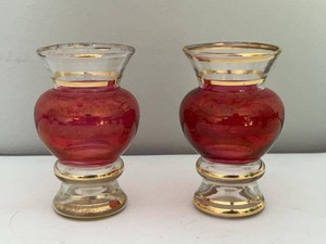 Pair of Bartlett Collins MCM Cranberry Glass Bud Vases with Gold Gilt Trim Pedestal Base