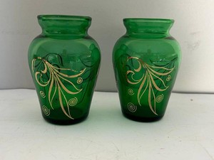 Pair of Green Glass Bud Vases by Anchor Hocking with Gold Floral Scroll Decoration
