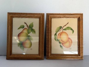 Pair of Framed Fruit Prints Signed Bev 1982 Pear Peach Wall Art