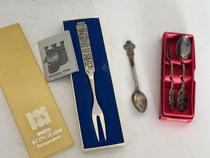 Konge-Tinn Norwegian Pewter Fork, Rolex & Souvenir Sterling plated Spoon Lot w Boxes