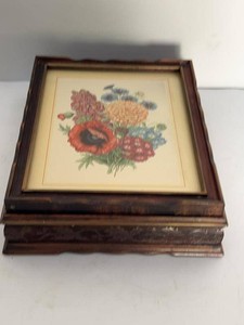 Vintage Wooden Jewelry Box Floral Lid Mirror Interior Vanity Box