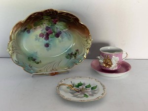 Lot of Vintage Hand Painted Porcelain Bowl Mustache Protecting Cup Saucer & Handled Server