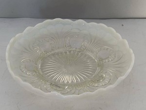 Vintage Pressed Glass bowl Plate with Scalloped Opalescent Rim Sunburst