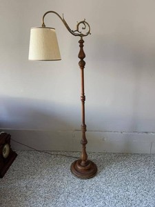 Antique Turned Wood Bridge Floor Lamp Brass Scroll Arm Shade