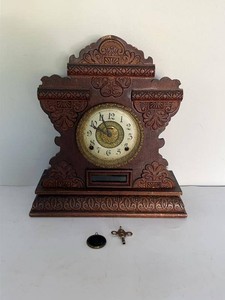 E. Ingraham Cabinet No. 13 Gingerbread Mantel Clock Key Pendulum