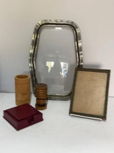 Vintage Mixed Home Decor Octagon Convex Frame Wood Pencil or utensil Holder Leather Coasters