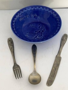 Vintage Childs Ralston Blue Bunny Bowl Rogers Mickey Mouse Spoon & Bird Flatware Set