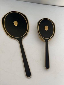 Vintage Black Enamel Hand Mirror & Hair Brush Vanity Set Monogram P