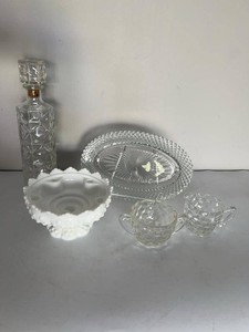 Vintage Pressed Glass & Milk Glass Serveware Decor Lot Decanter Tray