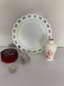 Mixed Decorative Home Accent Lot Avon Vase Milk Glass Plate Trinket Box