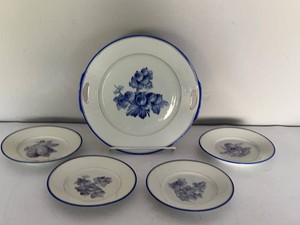 Vintage Porcelain Dessert Plate Set Blue Floral Handled Serving Plate
