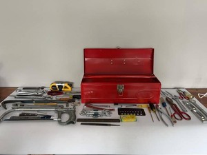 Red Metal Toolbox with Assorted Hand Tools Wrenches Files & Pliers