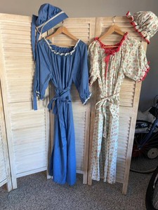 Prairie Dress & Bonnet Costume Lot Blue Floral Pioneer Style Set
