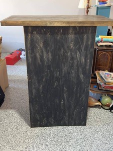 Rustic Two-Tone Wood Kiosk Bar Height Cabinet Counter With Back Open Shelving Unit Folds up for storage