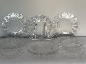 Set of 6 Vintage Etched Depression Glass Salad Dessert Plates Scalloped Rim