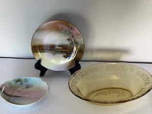 Vintage Noritake Kutani Hand Painted Dish Set w Amber Glass Bowl