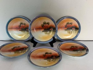 Set of 6 Hand Painted Nippon Scenic Porcelain Plates Dishes Japan